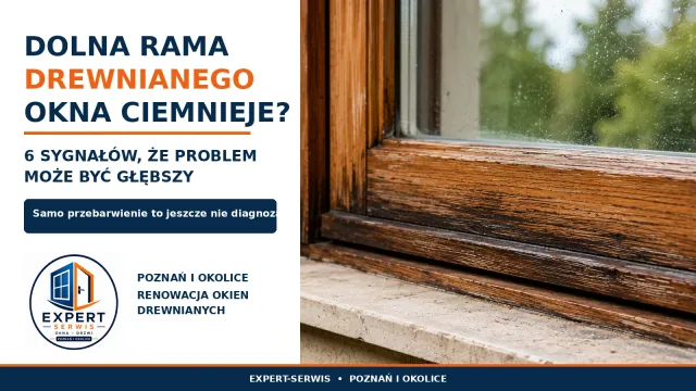 Ciemniejąca dolna część drewnianej ramy okna z widocznymi zmianami powłoki