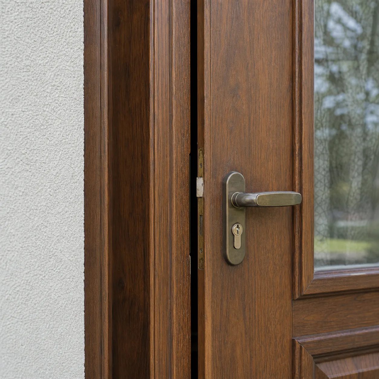 Drewniane drzwi z nierówną szczeliną przy futrynie