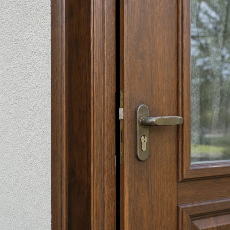 Drewniane drzwi z nierówną szczeliną przy futrynie