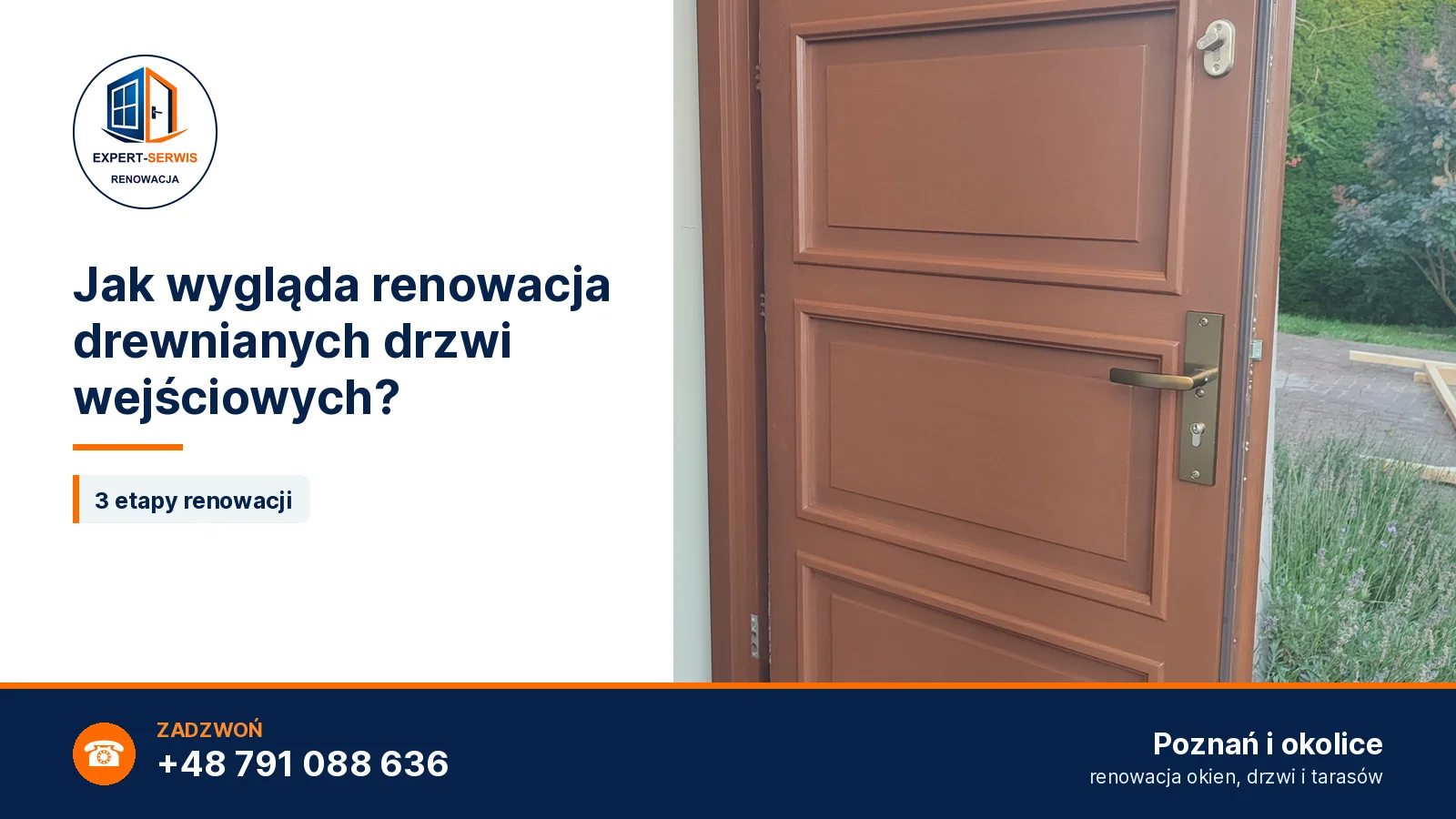 Drewniane drzwi wejściowe po renowacji, napis: Jak wygląda renowacja drewnianych drzwi wejściowych?