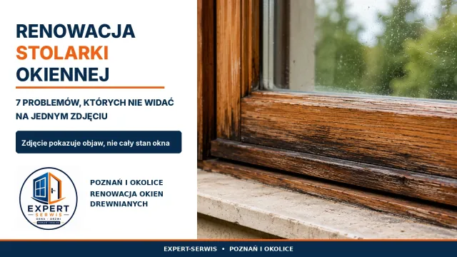Drewniane okno z uszkodzoną dolną częścią ramy przed oceną zakresu renowacji