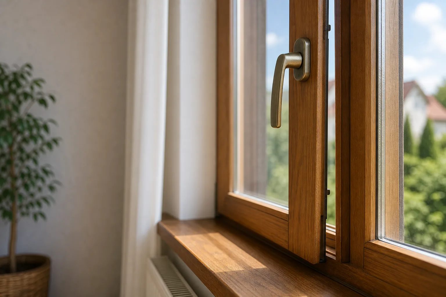 Drewniane okno wymagające naprawy i regulacji
